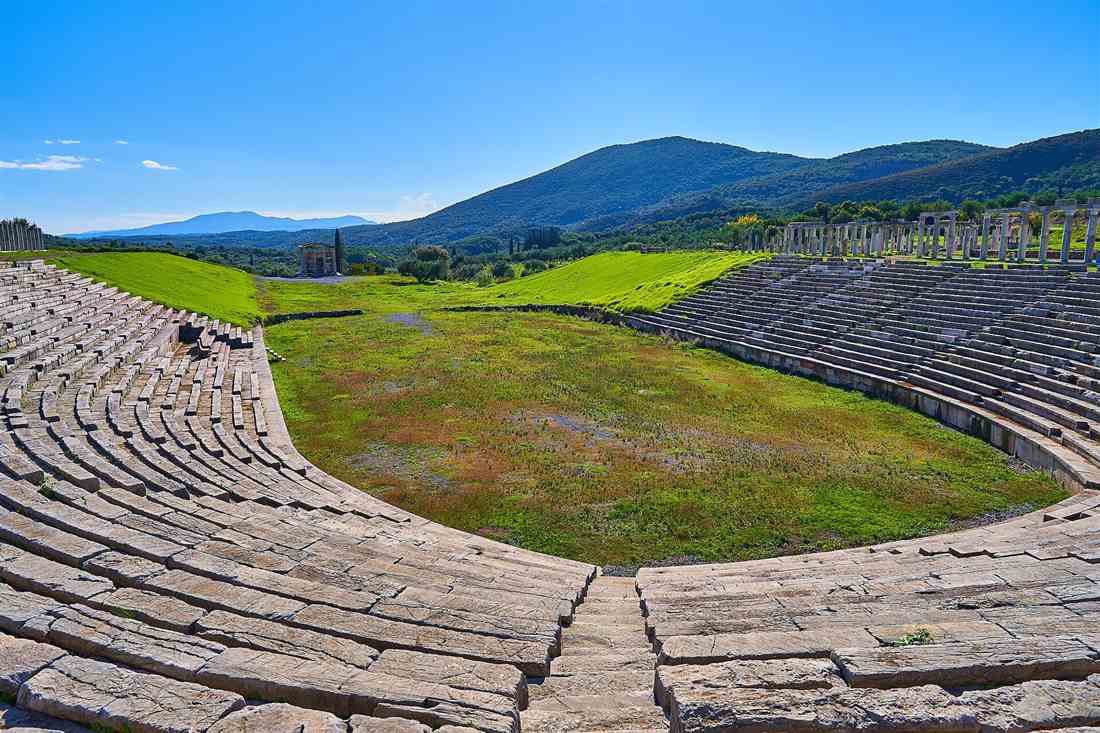 Ancient Messene tour view of the restored stadium and its colonnade