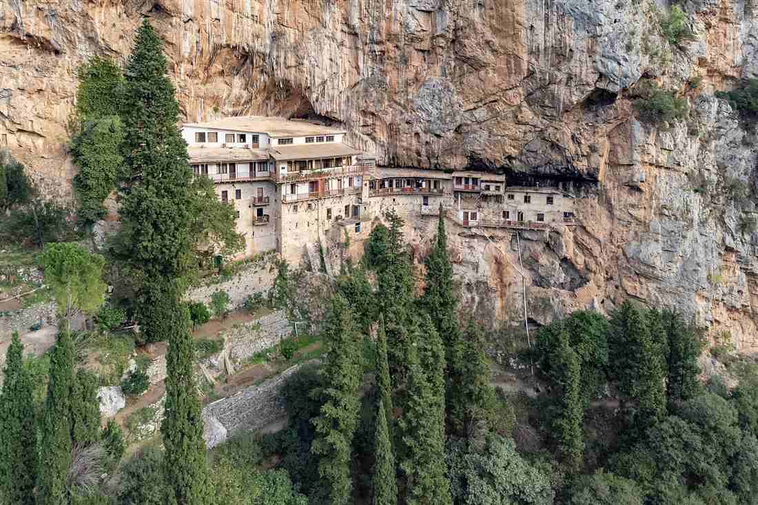 Prodromos monastery built under the cliff of the Lousios gorge in Arcadia