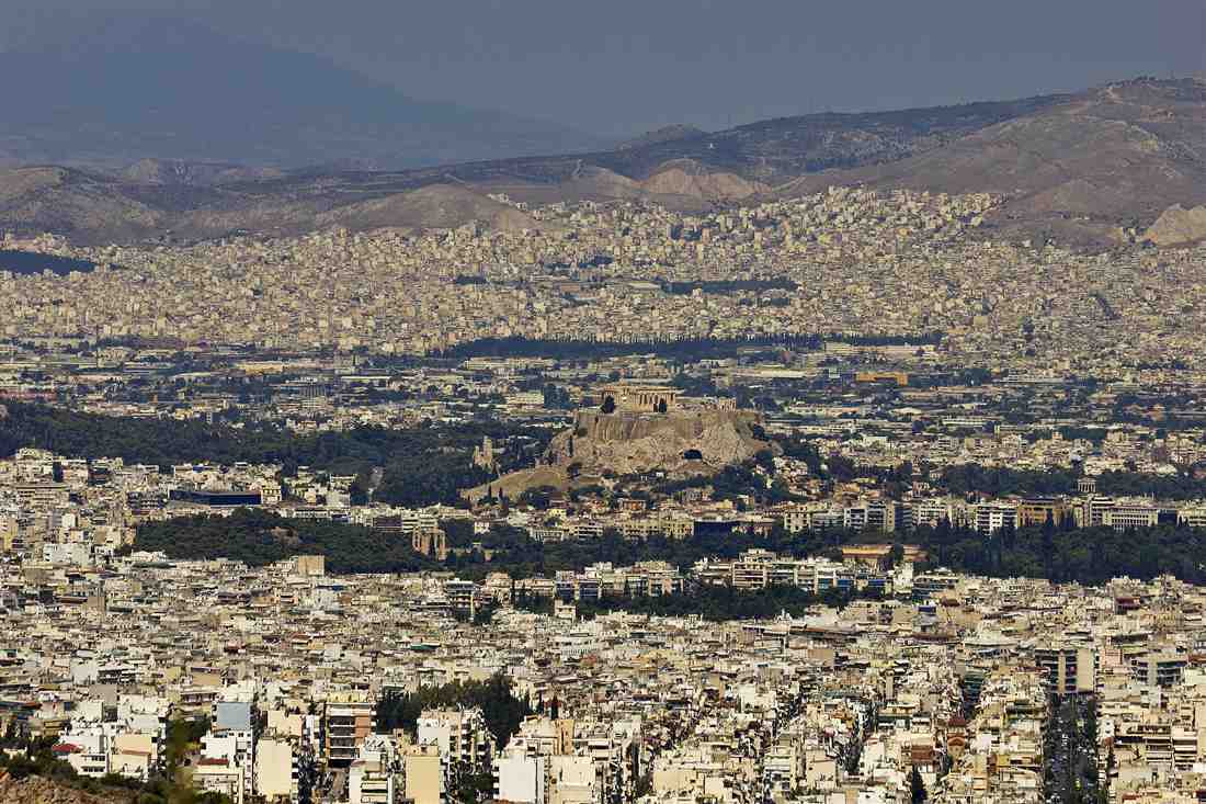 Athens hiking: the Acropolis and the city spread below the slopes of Mount Hymettus