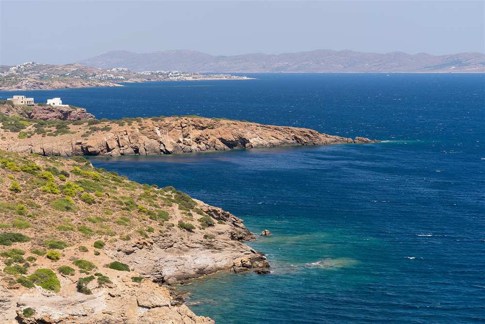 Cliffs and clear blue water of the Sounion coast on the Athenian Riviera