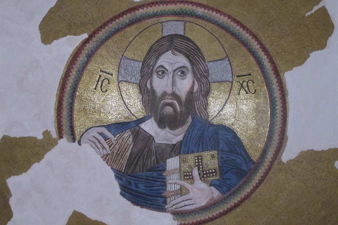 Christ Pantokrator gold-ground mosaic in the dome of Daphni Monastery near Athens