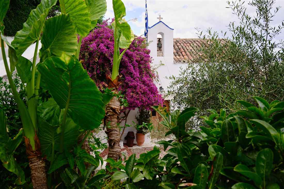 Whitewashed chapel and bougainvillea in Anafiotika below the Acropolis, a favourite subject on an Athens painting class