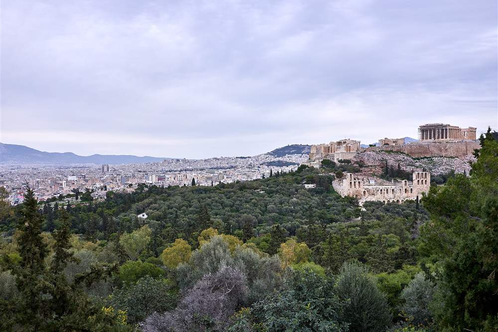 The Acropolis and the Areopagus seen from the pine woods of Philopappou Hill, Athens