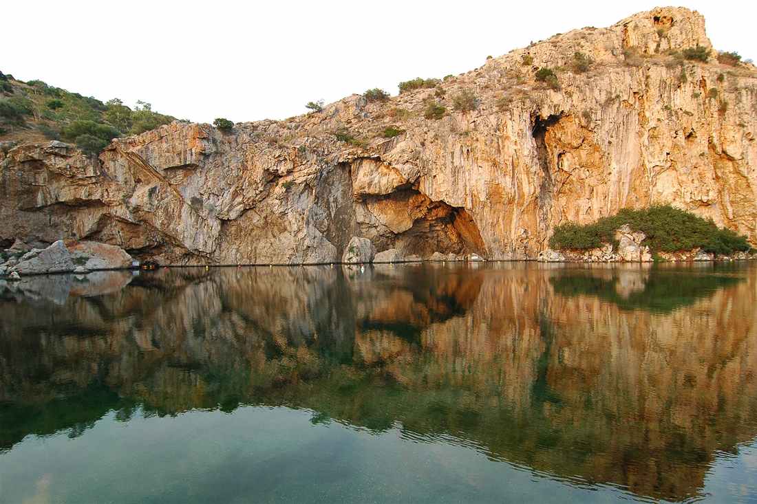 Lake Vouliagmeni below its limestone cliff on the Athens Riviera