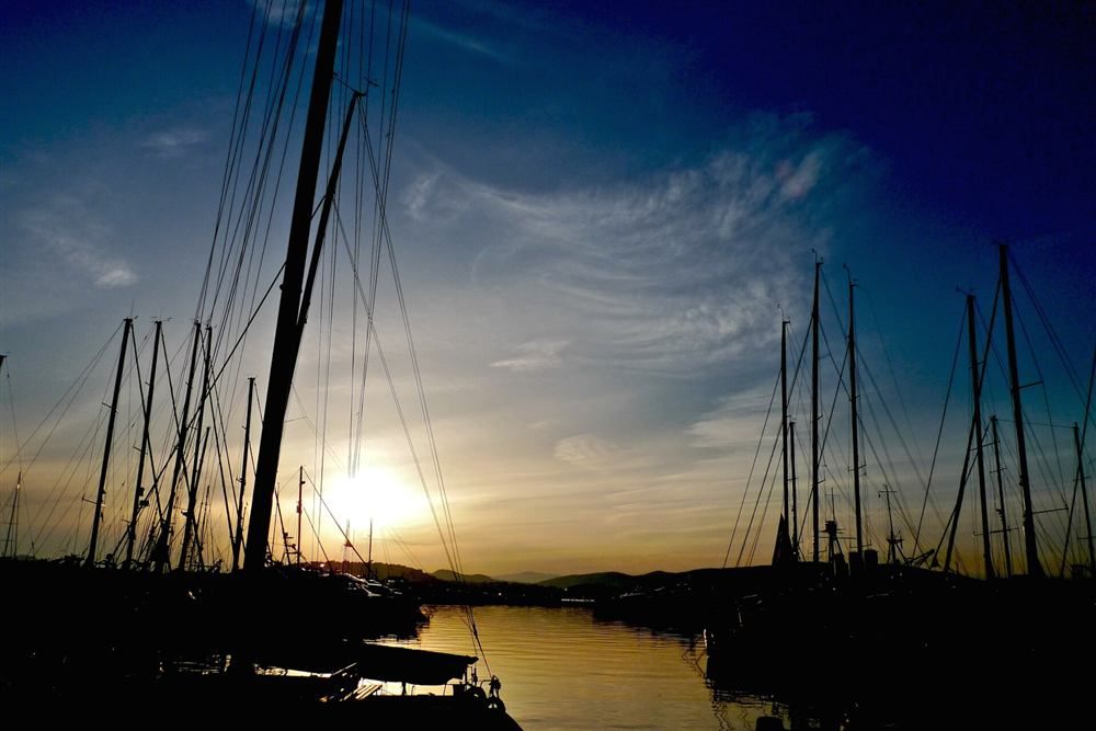 Athens sunset cruise departure marina at Alimos as the sun goes down