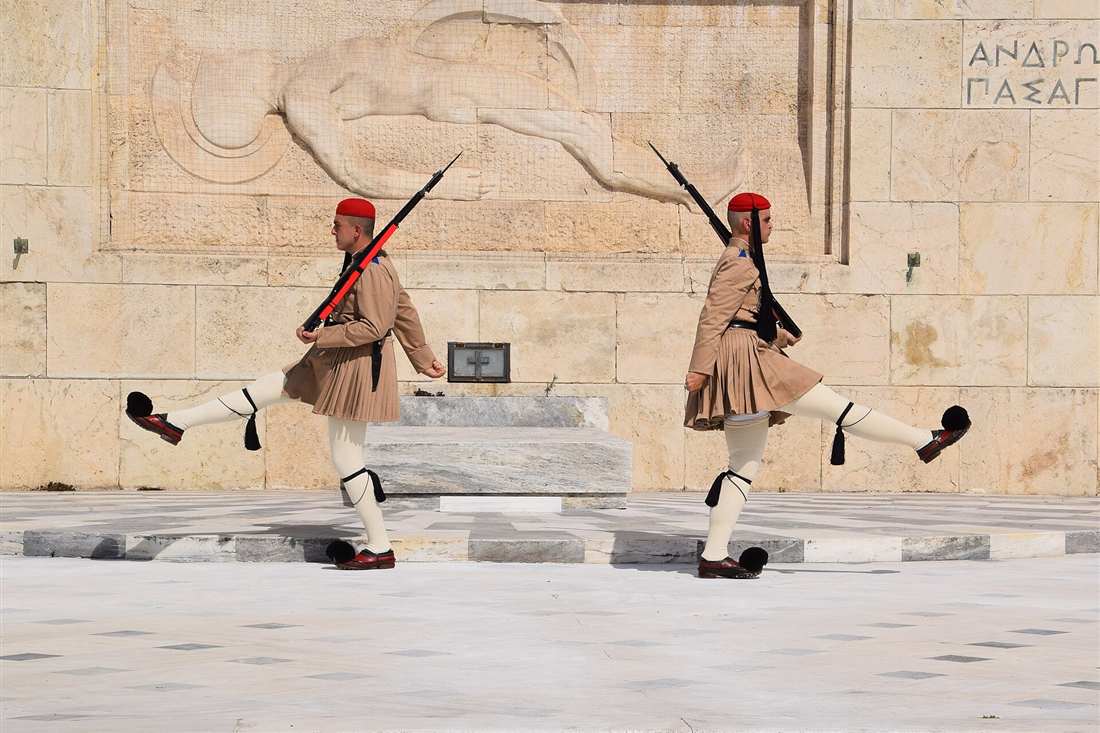 Evzones changing the guard at the Tomb of the Unknown Soldier in Syntagma Square, a stop on the Athens tuk tuk tour