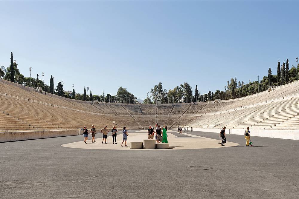 The white marble Panathenaic Stadium in Athens, a stop on the Athens tuk tuk tour