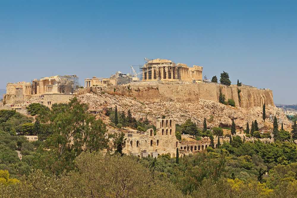 The Acropolis seen from Philopappos hill, an outdoor spot for an Athens yoga class