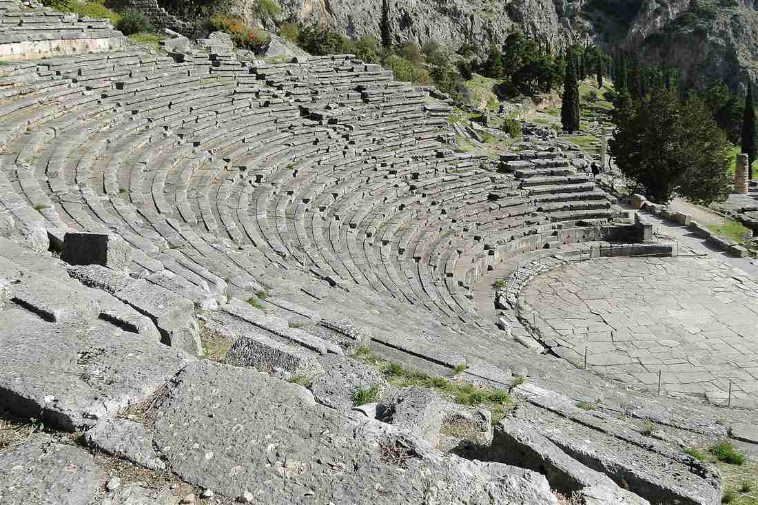 The ancient theatre of Delphi above the temple terrace on the slope of Parnassus
