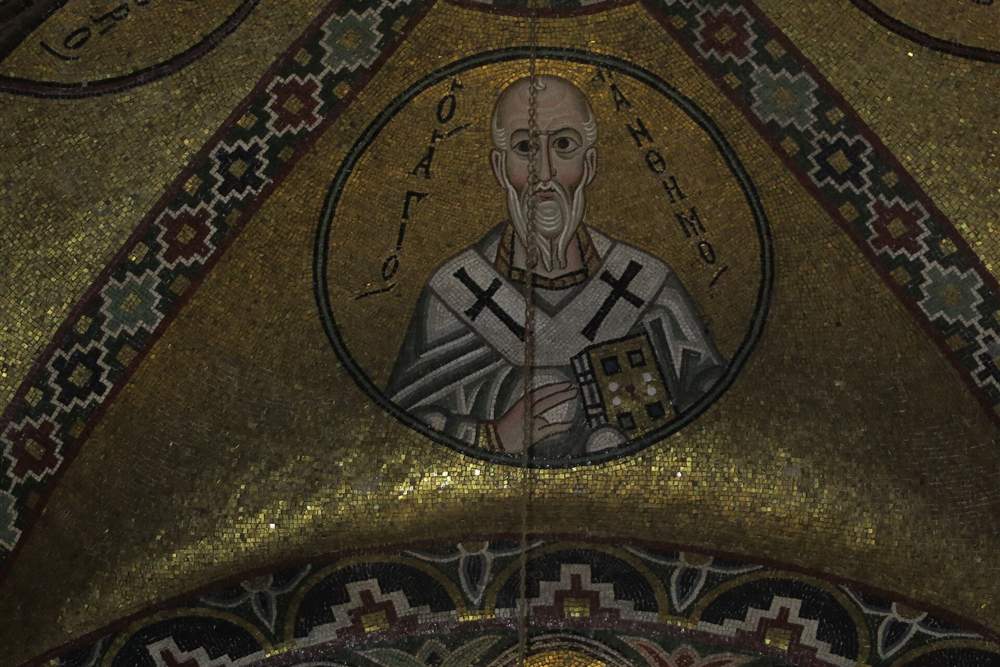 Gold-ground mosaic of a bishop saint in the katholikon of Hosios Loukas