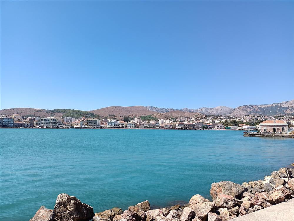 The waterfront of Chios Town across its harbour, Greece