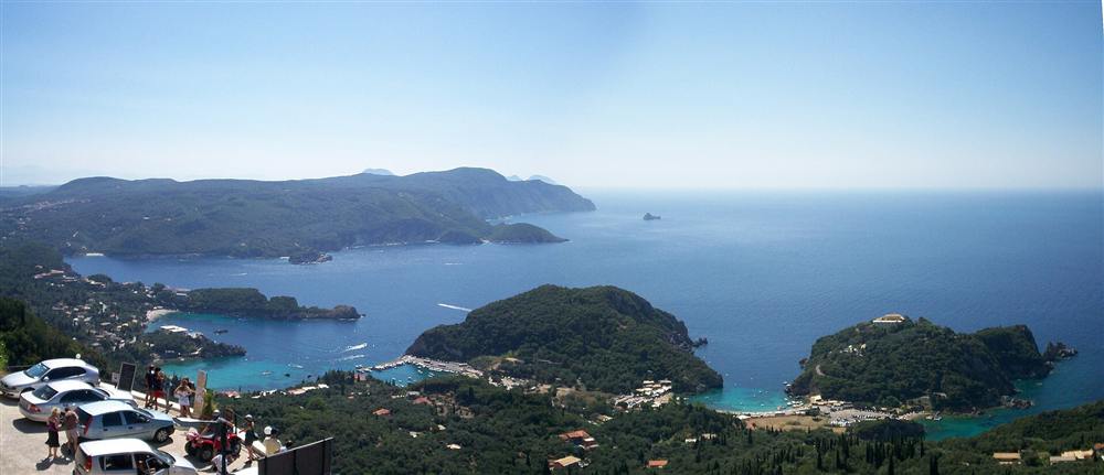 The bays and headlands of Paleokastritsa seen from the Bella Vista viewpoint on the north-west coast of Corfu