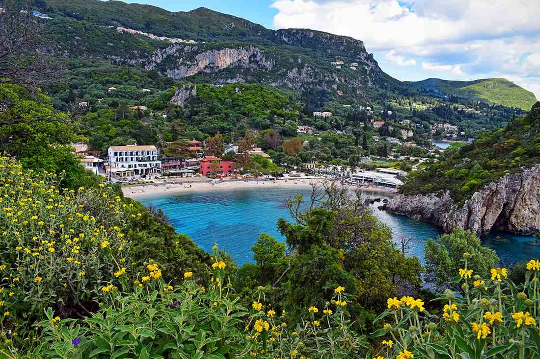 The bay and beach at Paleokastritsa on the west coast of Corfu