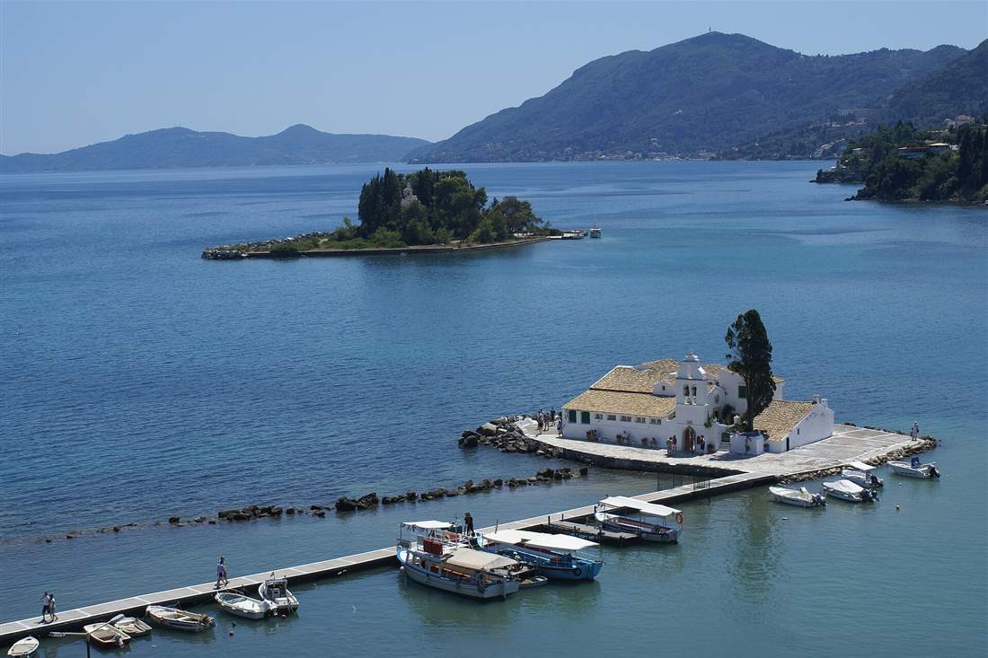 Mouse Island and Vlacherna monastery in the turquoise sea off Corfu