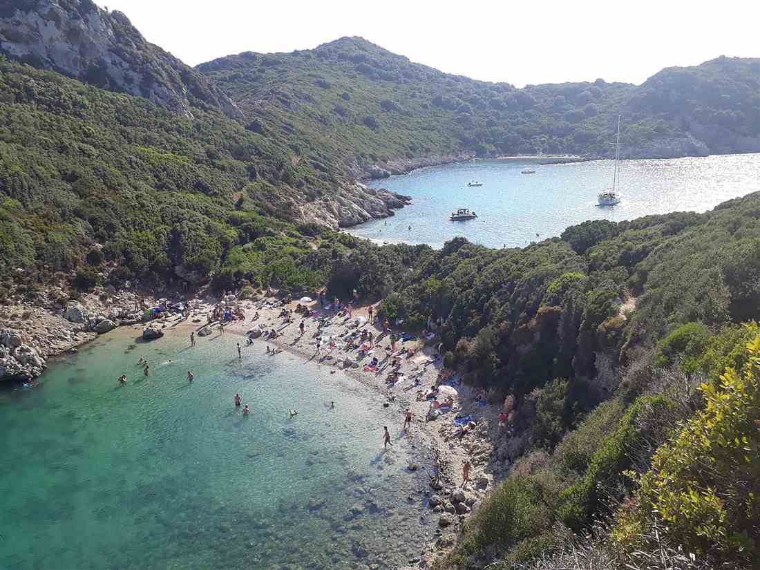 The clear turquoise double bay of Porto Timoni on the west coast of Corfu, a shore entry for Corfu snorkeling