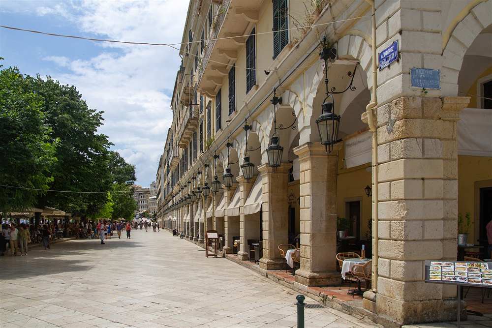Corfu town walking tour route along the Liston arcade beside the Spianada
