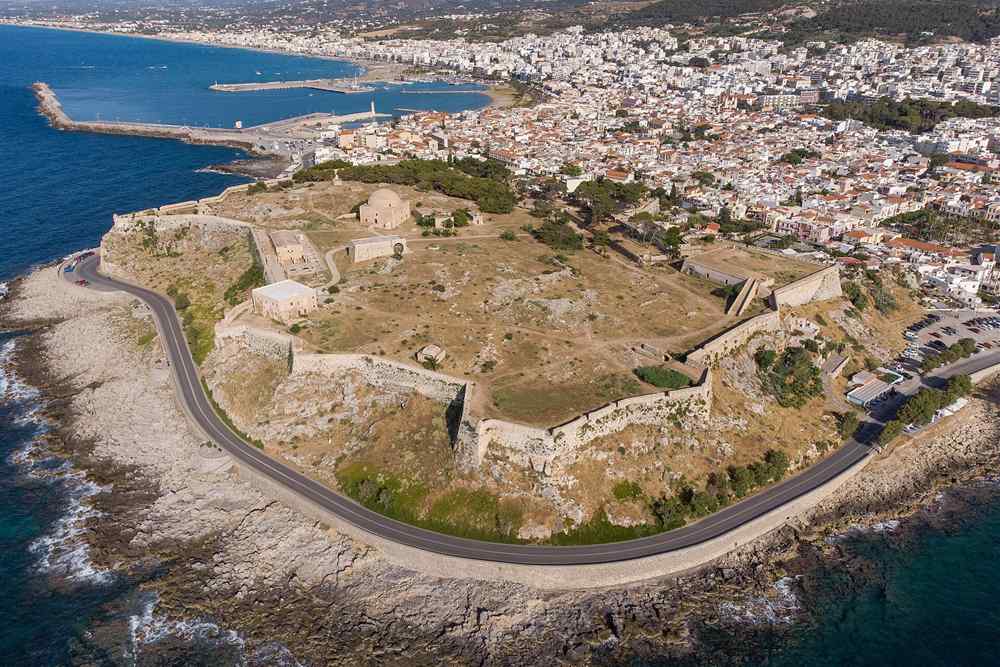 Aerial view of the Venetian Fortezza and old town of Rethymno on the Cretan coast