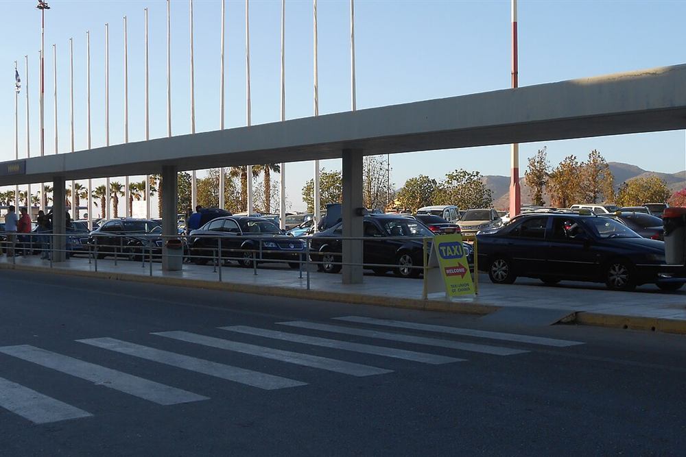 Taxi rank outside the arrivals terminal at Chania airport on Crete