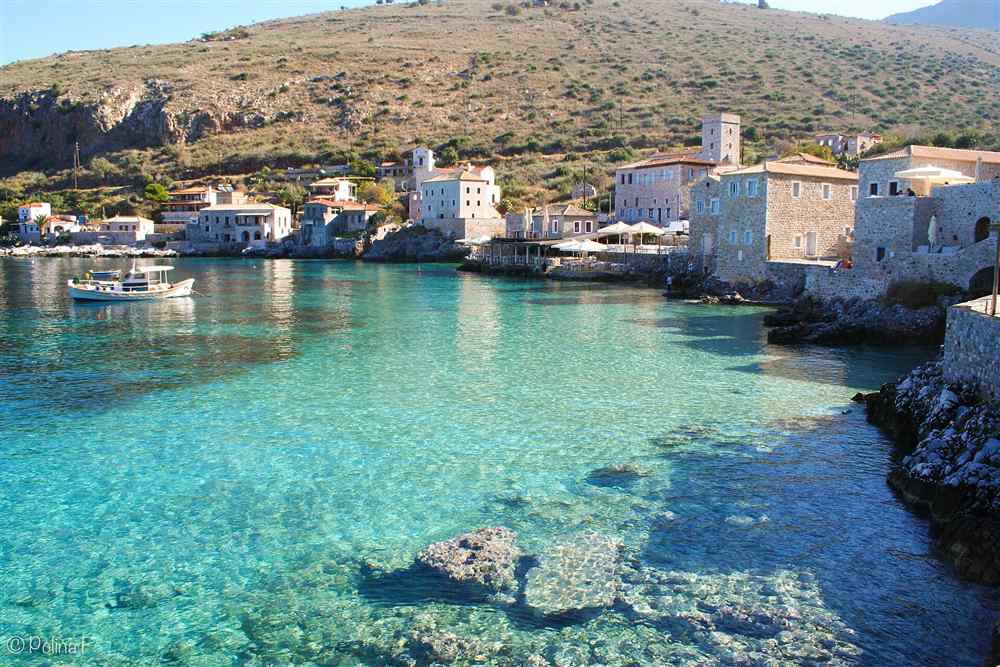 Limeni and its stone tower houses on the water below Areopoli