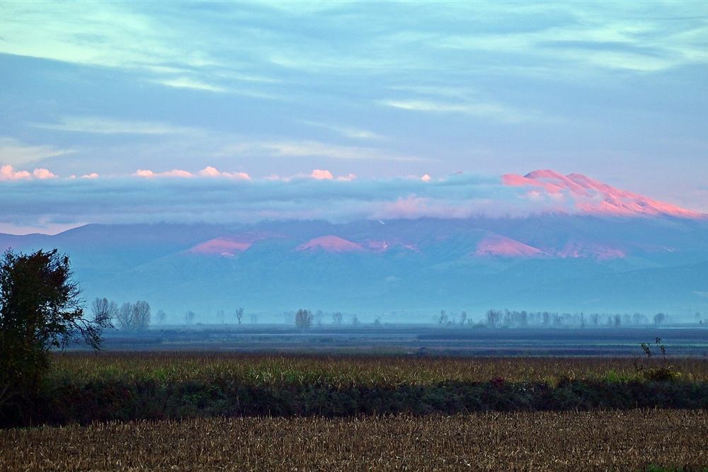 Mount Falakro at dawn above the Drama plain