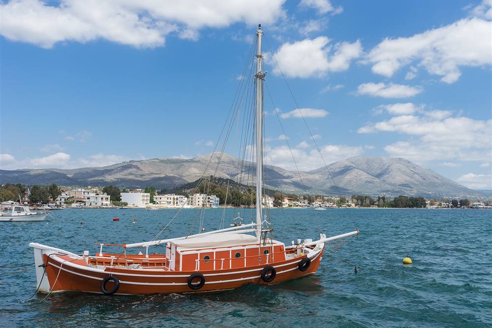 Traditional excursion boat used for an Eretria boat cruise on the Euboean Gulf