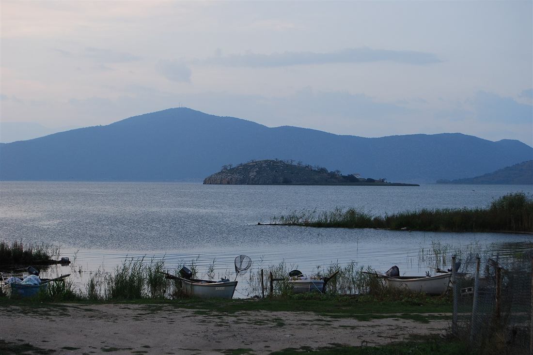 The island of Agios Achilleios in Mikri Prespa at dusk