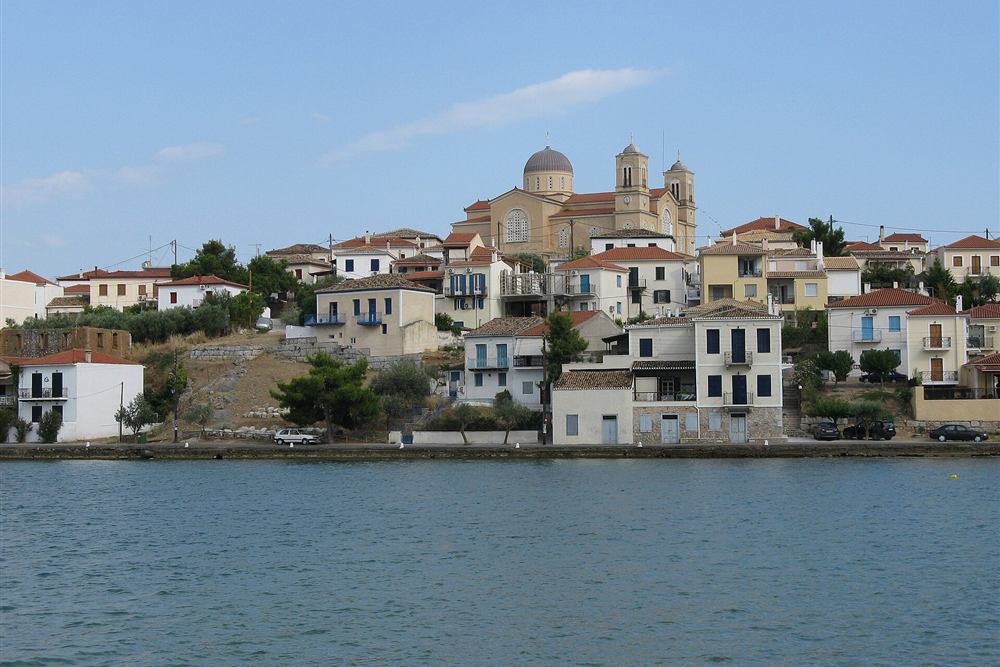 The church of Agios Nikolaos above the waterfront of Galaxidi, seen from the sea