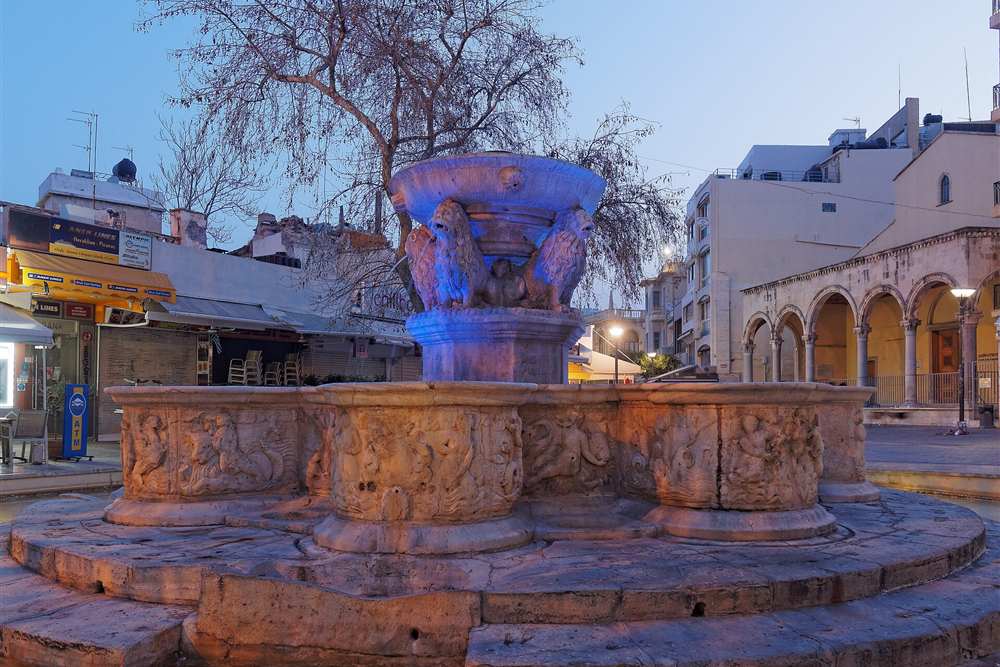 The Morosini fountain with its stone lions on Lions Square, Heraklion