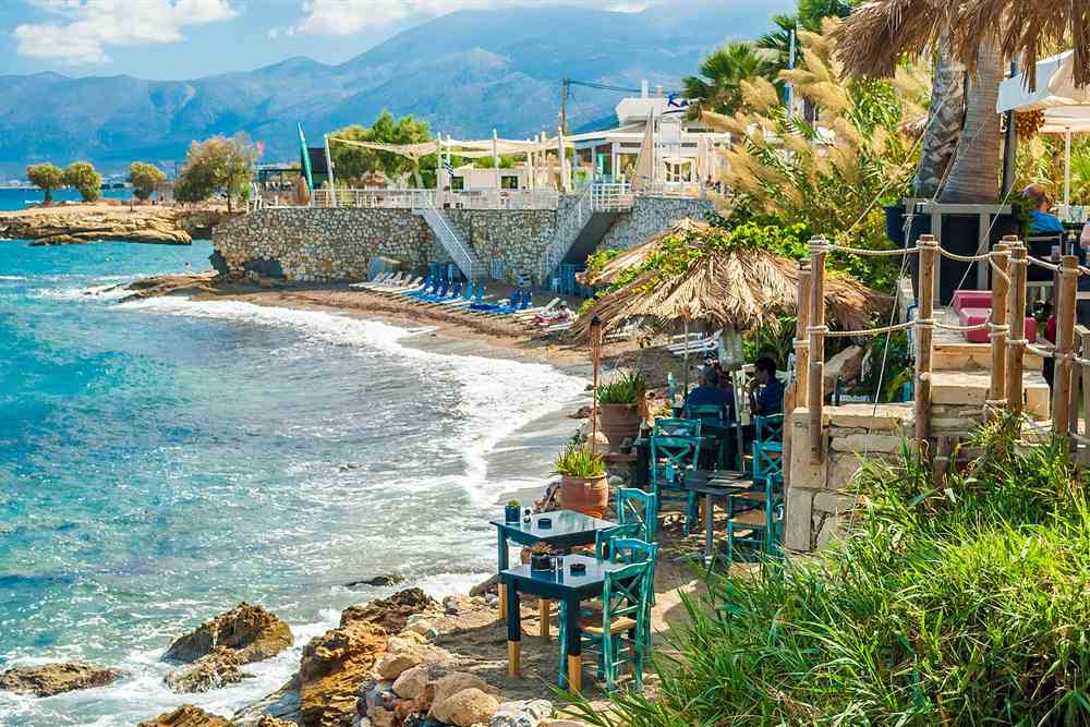 The rocky shore and turquoise water on the Hersonissos coast