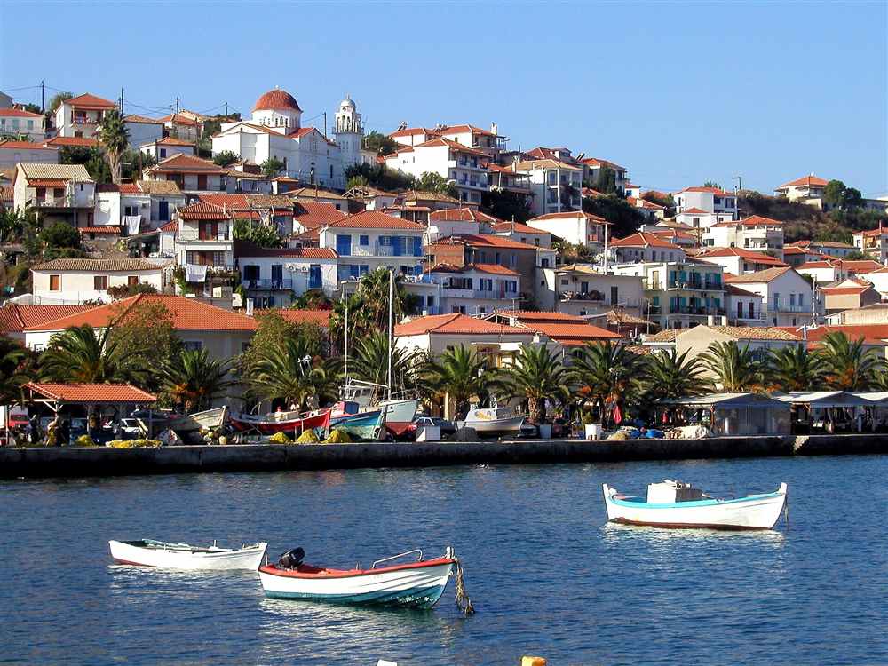 The whitewashed hillside town and harbour of Koroni on the Messenian Gulf, a stop on a Kalamata yacht charter