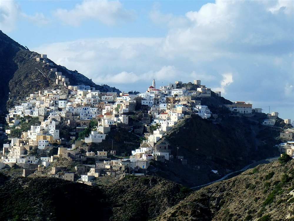 The cliff-top traditional village of Olympos in the north of Karpathos, Greece