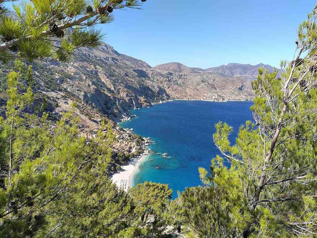 The turquoise pine-fringed cove of Apella beach on Karpathos, reached on a Karpathos yacht charter