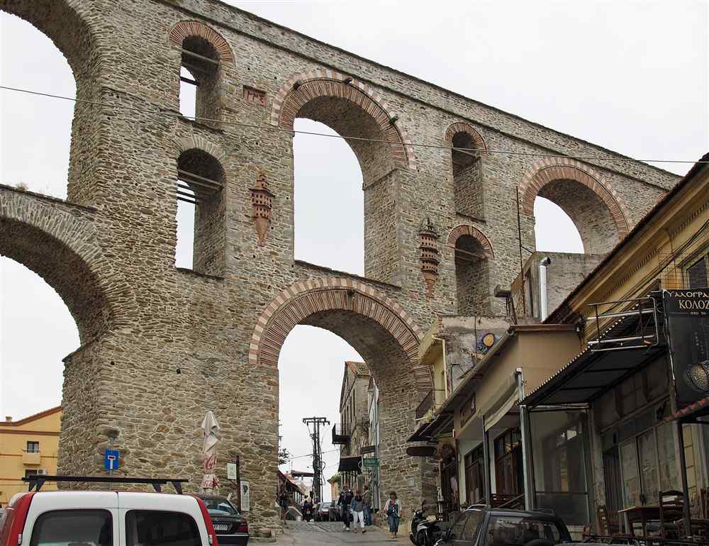 The stone-and-brick Kamares aqueduct over the old town of Kavala, Greece