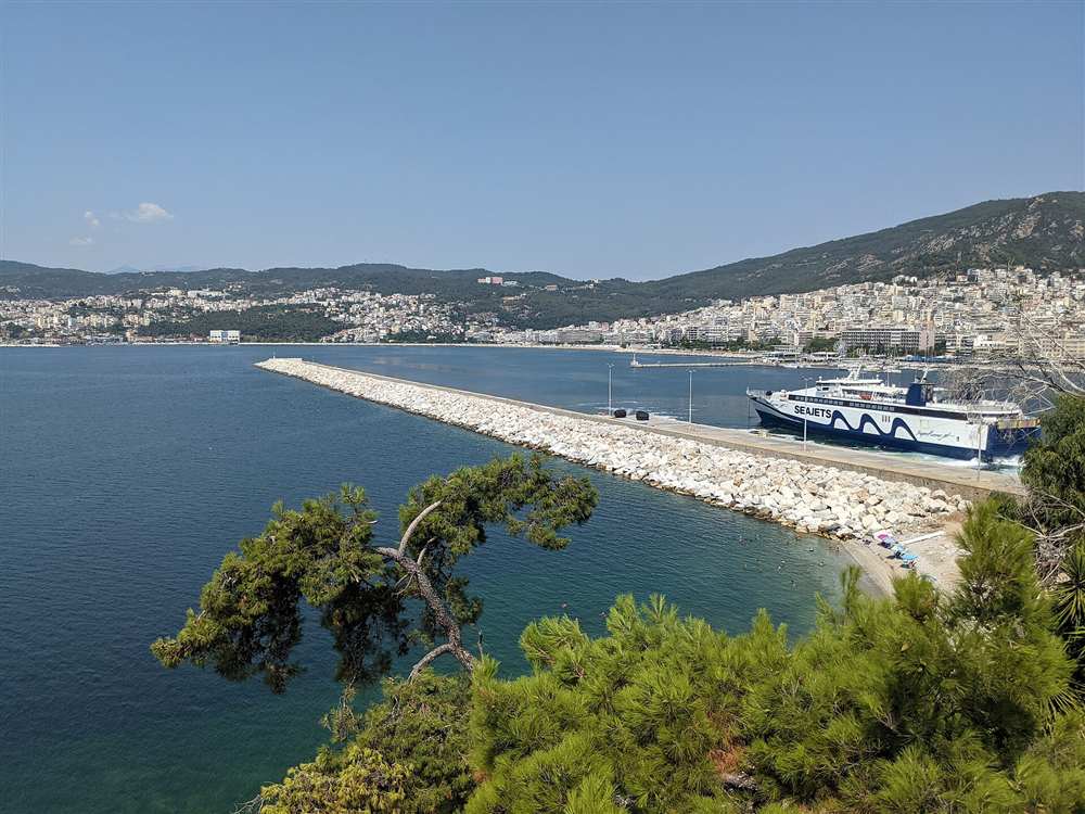 The Kavala waterfront and harbour breakwater on the Thracian Sea