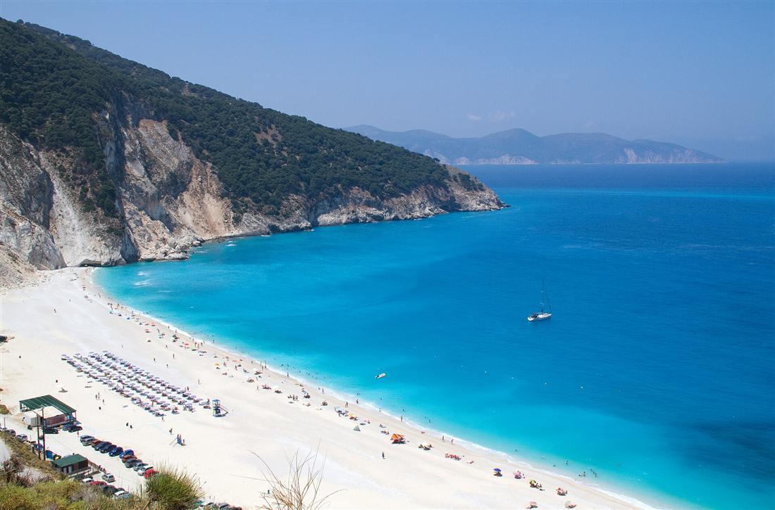 The turquoise water and white cliffs of Myrtos Beach on Kefalonia, the island reached by airport transfers from Kefalonia Airport