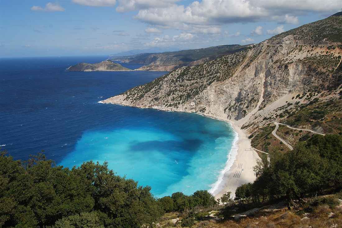 Myrtos beach and its turquoise water on the north-west coast of Kefalonia