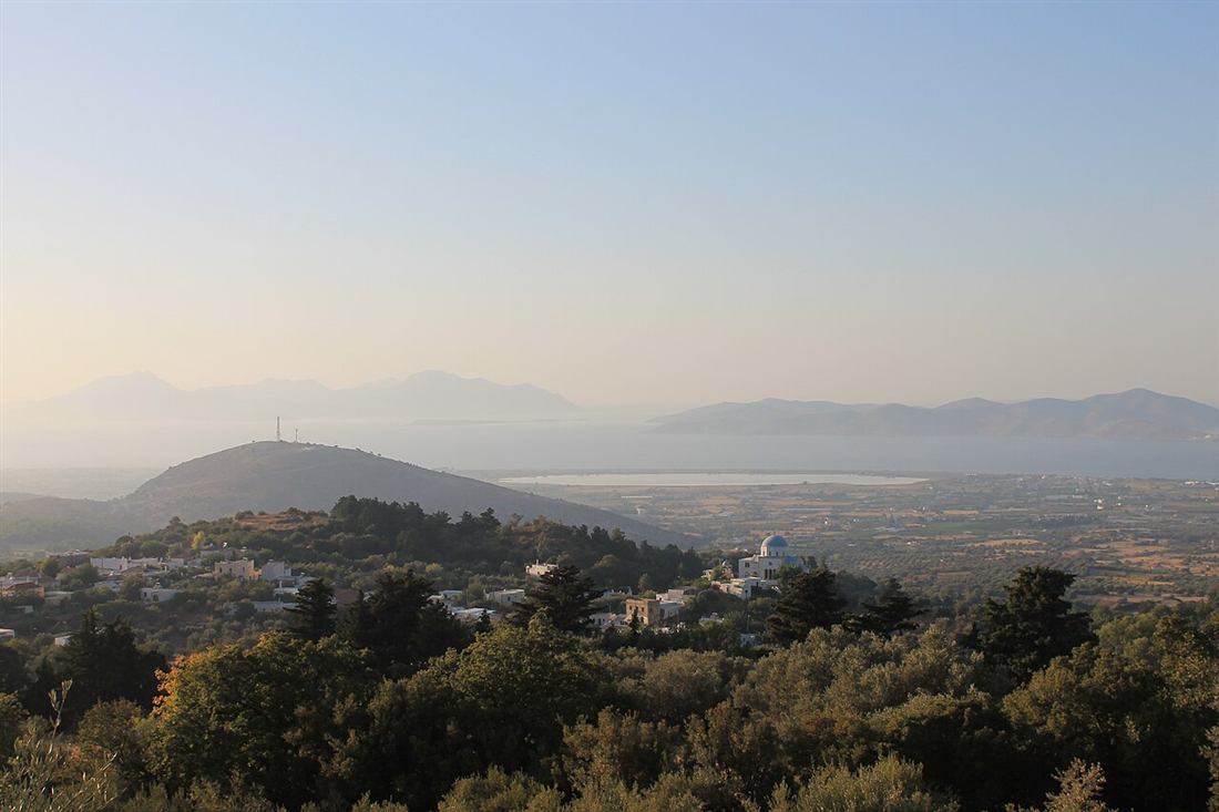 The view from Zia village on Kos over the plain and the sea at dusk