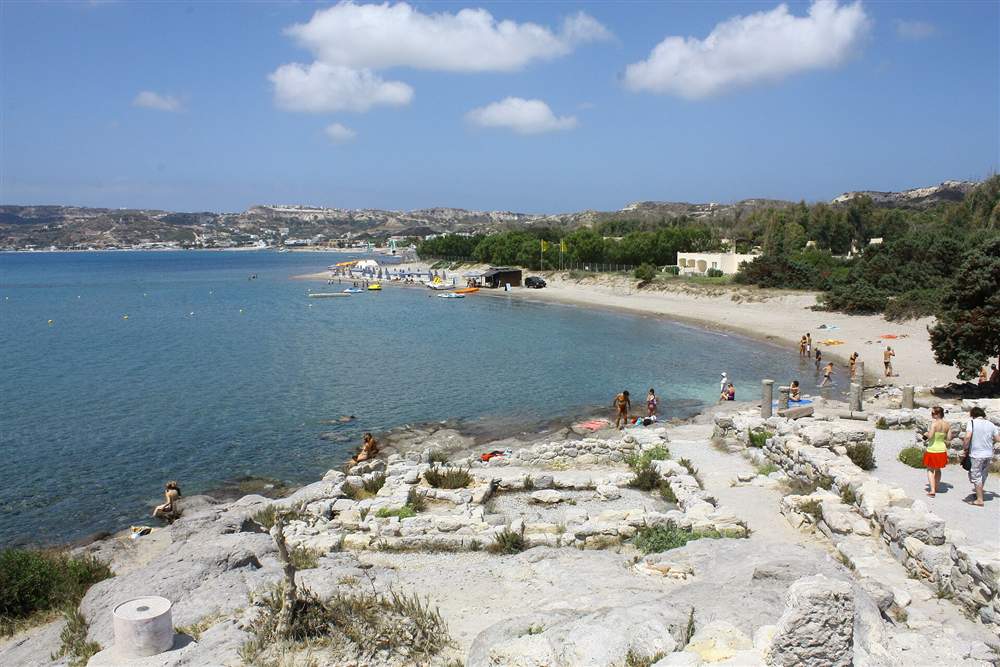 The turquoise shallows and ancient basilica ruins at Agios Stefanos on the south-west coast of Kos