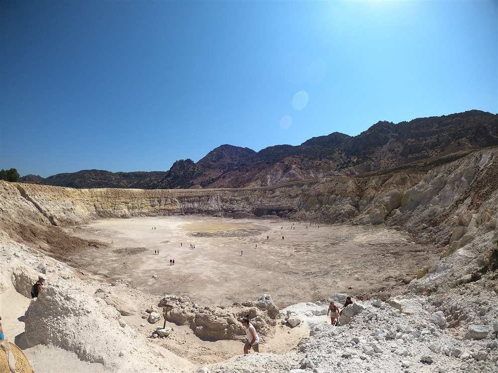 The pale caldera floor of the Stefanos crater on the Nisyros volcano, a Kos yacht charter destination