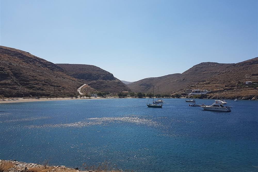 Apokrousi bay on the west coast of Kythnos with boats at anchor