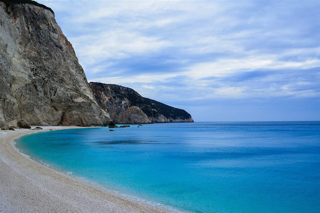 The white cliffs and turquoise water of Porto Katsiki beach on Lefkada, reached by airport transfers from Aktion Preveza Airport
