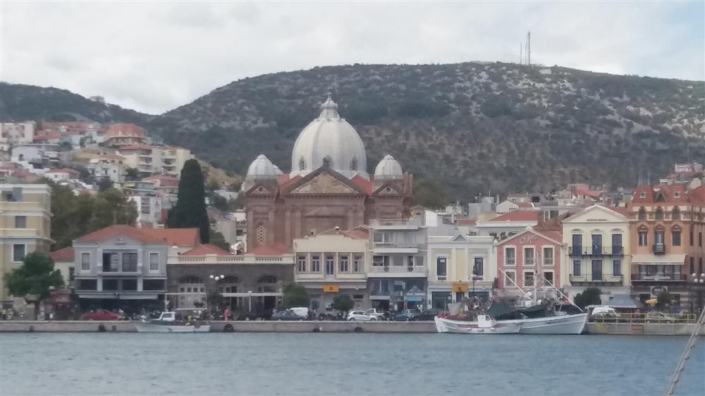 The domed church and neoclassical waterfront of Mytilene town on Lesvos, Greece