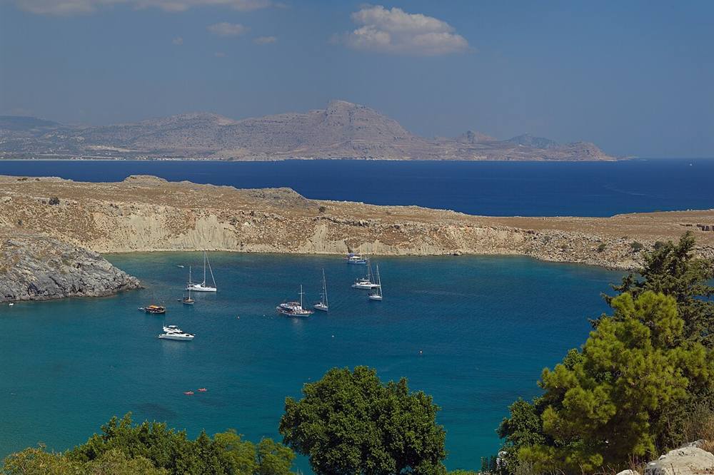 Yachts and excursion boats anchored in Lindos bay on Rhodes