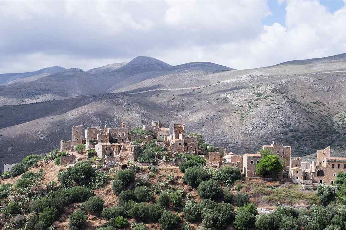 Vathia tower village on its ridge above the sea, Mani, Greece