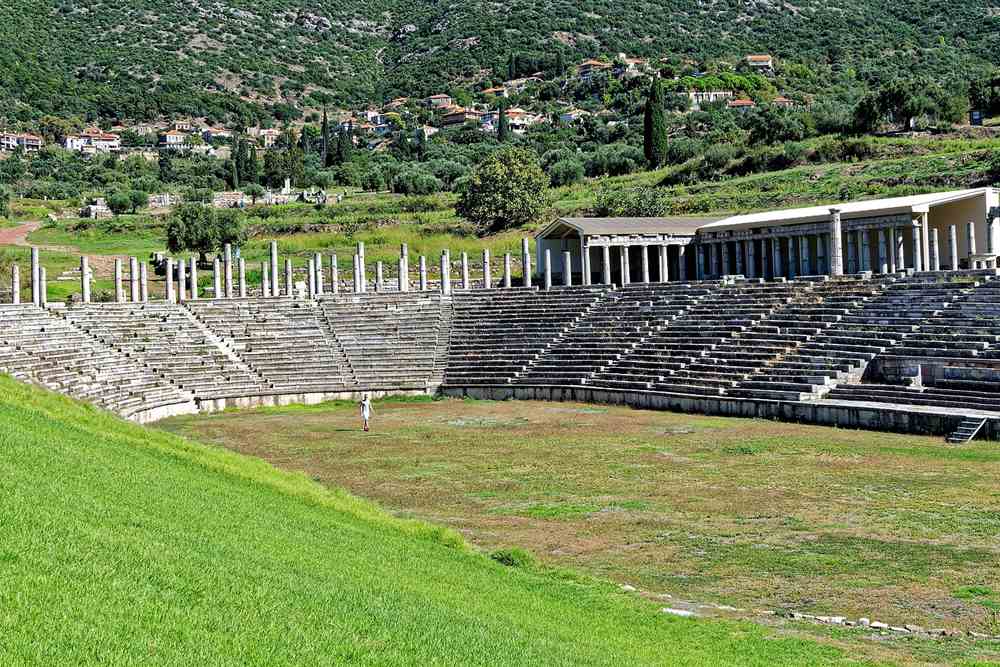 The colonnaded stadium of Ancient Messene below the village of Mavromati