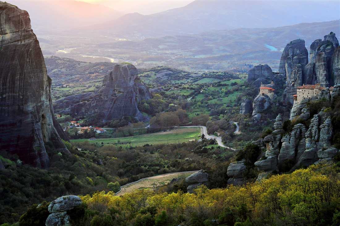 The Meteora ring road winding below the monasteries, the route a buggy tour drives