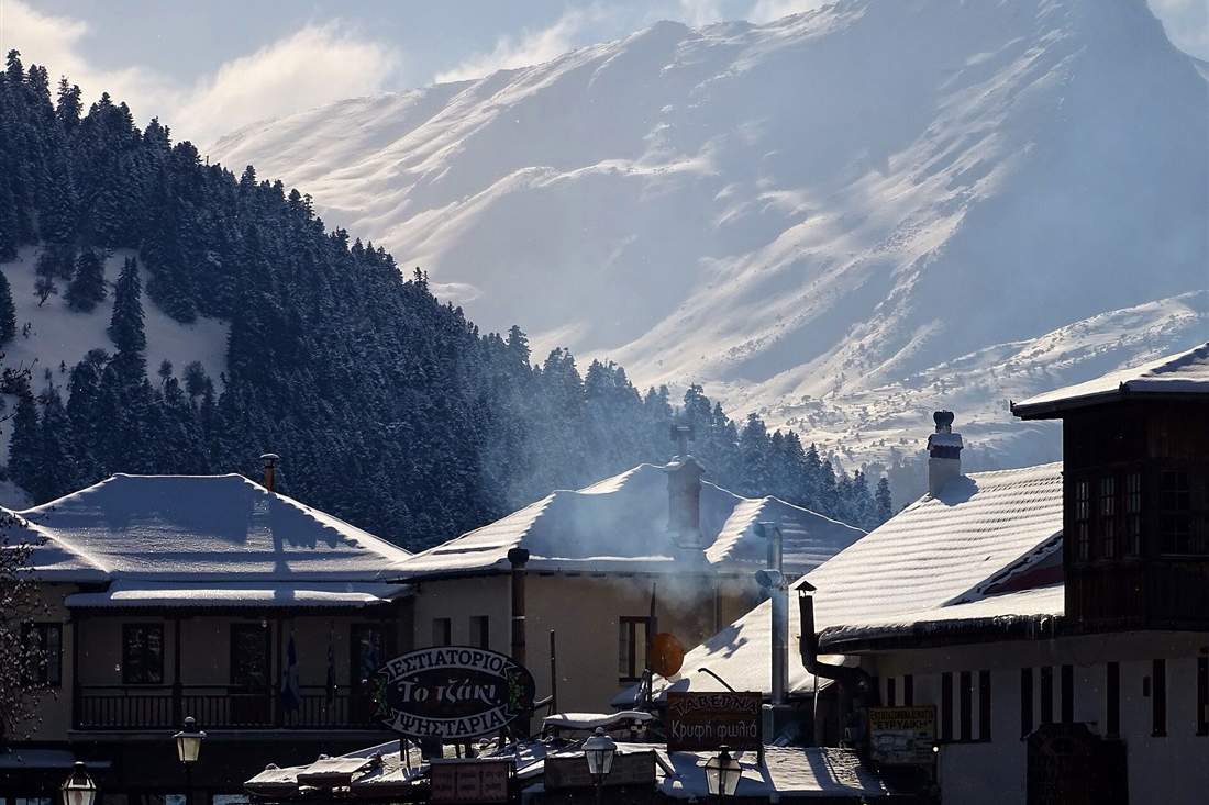 Snow on the roofs of Metsovo below the Pindus mountains