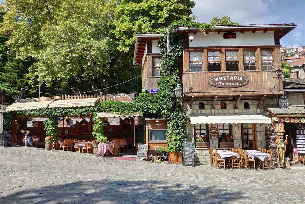 A stone and timber taverna on the central square of Metsovo