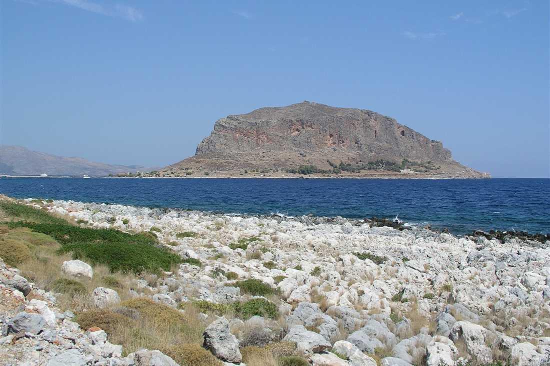 The rock of Monemvasia rising from the sea off the Laconian coast