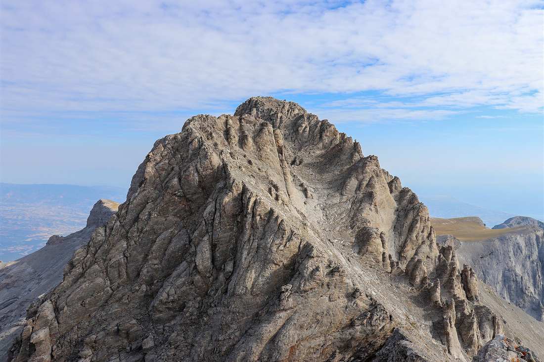 The Mytikas summit block of Mount Olympus seen from Skala